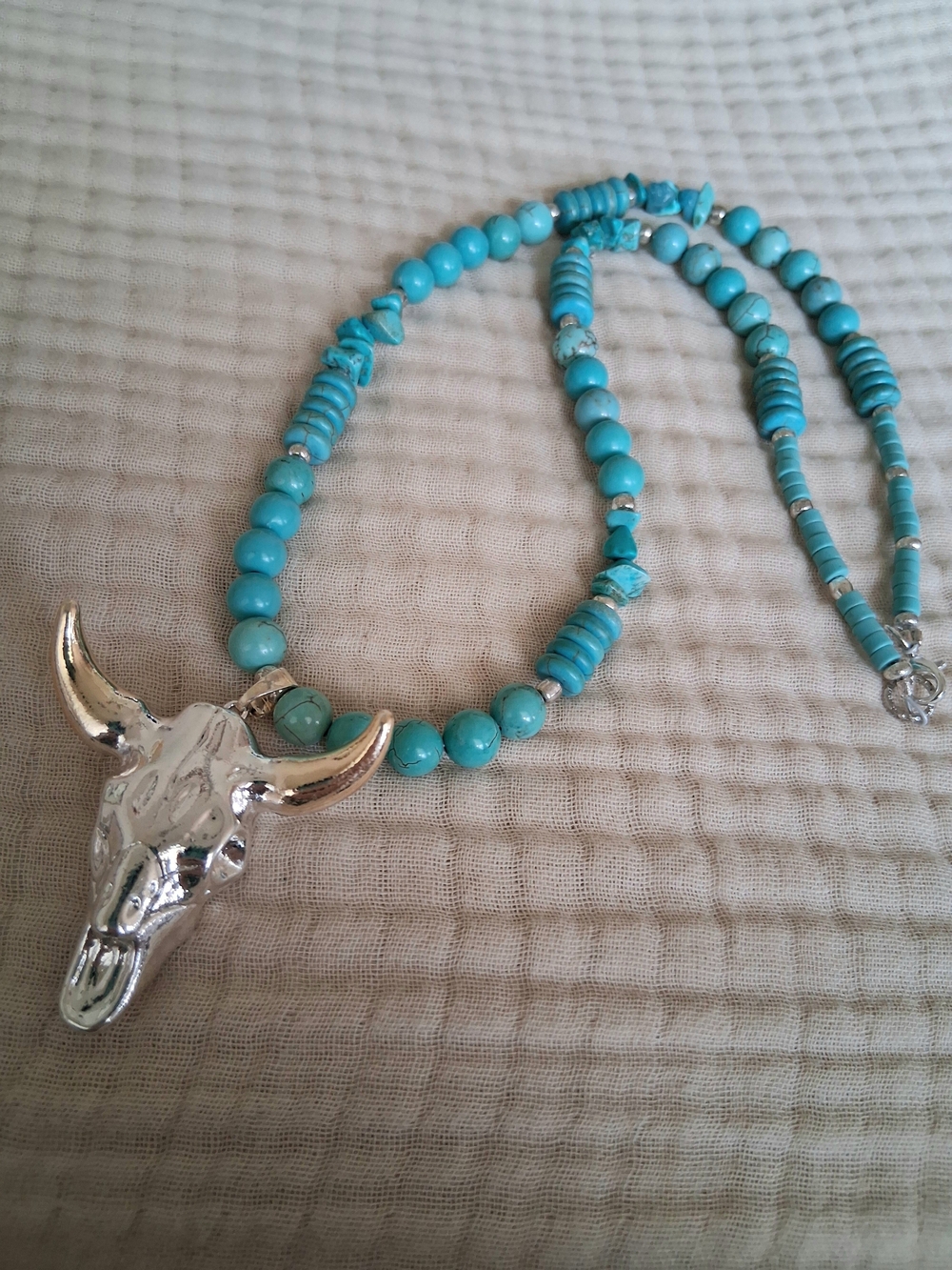 Handmade Turquoise Colored Beaded Silver-Tone Bull Skull Pendant Necklace